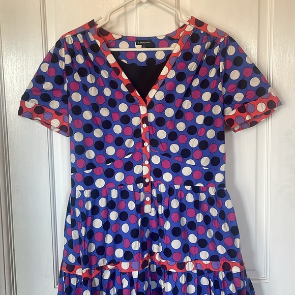 J. PETERMAN Blue Multicolor Polka Dot Lined Short Sleeve Dress$119 EUC 12 - Picture 2 of 9
